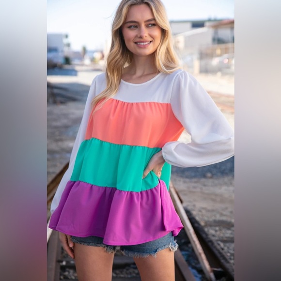 Ivory & Peach Woven Crepe Tiered Blouse - Picture 1 of 13